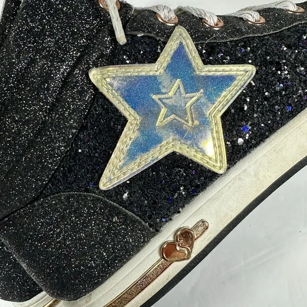 Skechers Girls Black Glitter Star High Top Sneakers - Size US 4 - Pink Lining